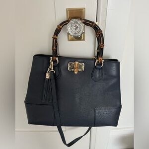 100% Leather Navy Handbag with Bamboo Handled (Made in Italy)